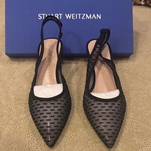 Stuart Weitzman black mesh kitten heel mules